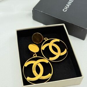 CHANEL Iconic 24K Gold Chanel 1980s Jumbo Interlocking CC Hoop Earrings